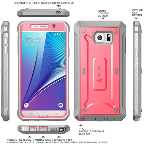 Samsung Galaxy Note 5 Case, SUPCASE [Heavy Duty] Belt Clip Holster Case for Galaxy Note 5 [Unicorn Beetle PRO Series] Full-Body Rugged Cover with Built-in Screen Protector/Bumpers (Pink/Gray)