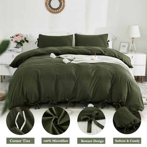 Image of annadaif Olive Green Duvet Cover King Size, 3 Pieces Duvet Cover Set | Soft Washed Comforter Cover ,Bowknot Bow Tie, (1 Duvet Cover 104x90 Inch, 2 Pillowcases) ,Easy Care Bedding Set