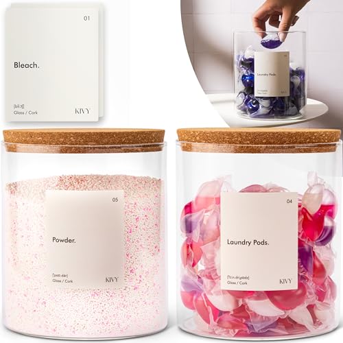 KIVY Laundry Detergent Dispenser Glass Jar + Labels [2X 64oz] Laundry Room Organization and Storage - Laundry pods Container - Laundry Detergent Holder - Laundry Powder Container - Laundry pod Holder