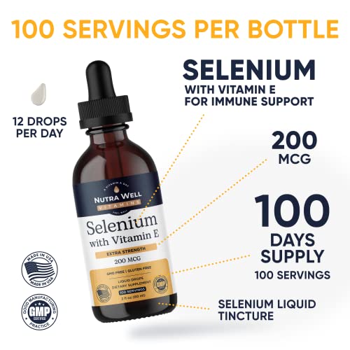 Nutra Well Vitamins Selenium 200Mcg - 100 Servings Liquid Selenium Drops With Vitamin E - Selenium Supplement For Immune Support, Strong Heart, Radiant Skin And Thyroid Support - Selenium Liquid #TOP1