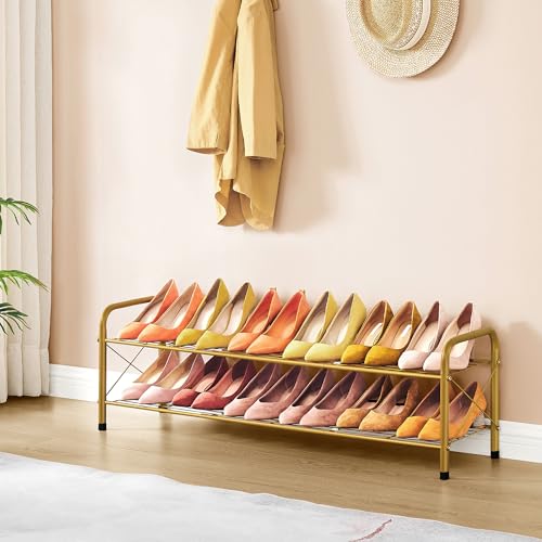 Image of Hoctieon 2 Tier Shoe Rack for Closet, Durable Mesh Style Shoe Rack, Entryway Shoe Shelf, Shoe Storage Organizer for Hallway, Bedroom, Living Room, Wardrobe, Gold