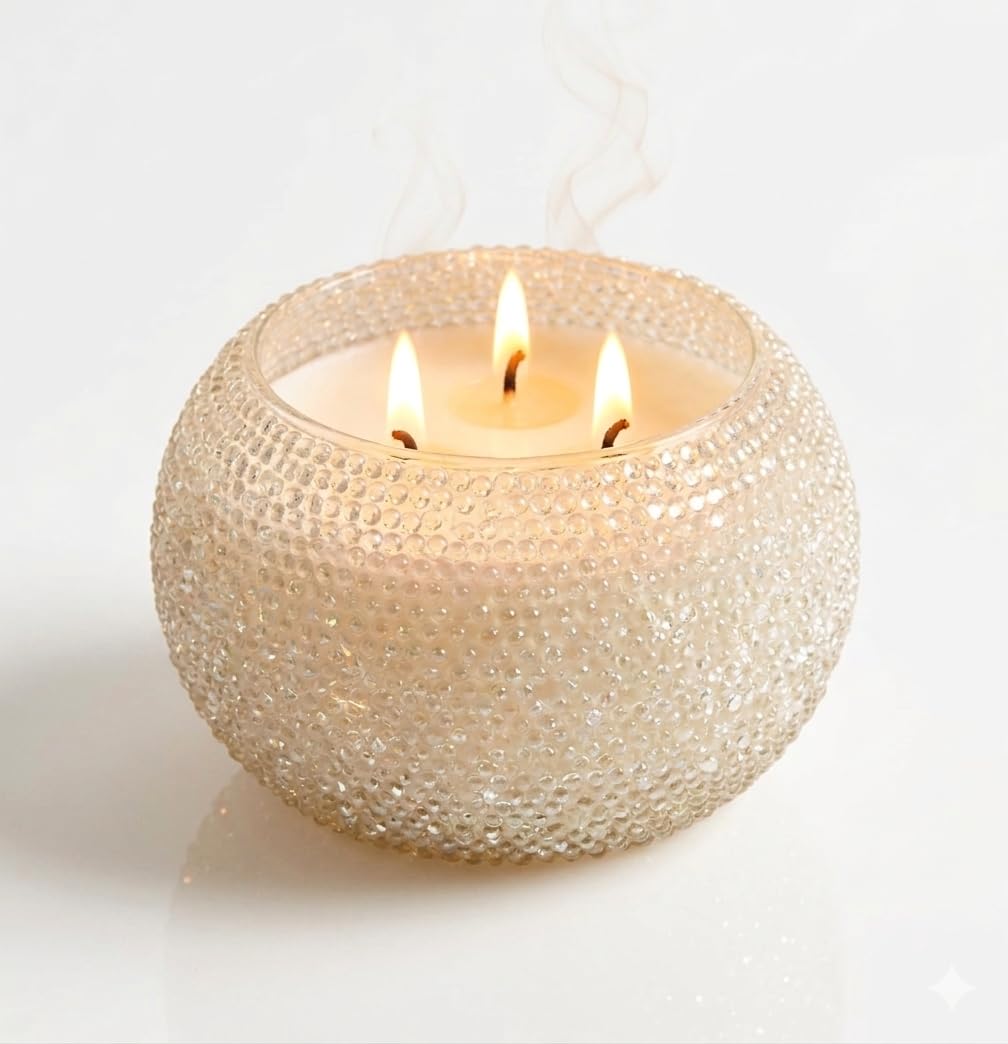 KASA Luxury 3-Wick Beaded Glass Scented Candle, Rose and Patchouli | Hand-Poured Soy Wax Blend, Decorative Sparkle Globe Jar, Whispered Blooms, Home Décor & Gifting-image-1