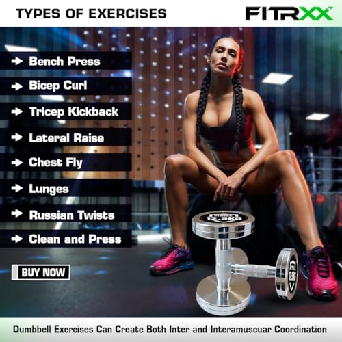 Image of Fitrxx Pair of chrome plated steel Fixed Weight Dumbbells - Gym equipment for home workout | Fitness Gym Dumbbell set for Muscles | stainless steel dumbles set | Dumbell Weights for Workout (Silver, 12.5 Kg Pair)
