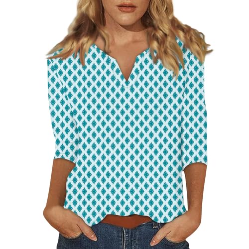 𝘼𝙢𝙖𝙯𝙤𝙣 𝙊𝙣𝙡𝙞𝙣𝙚 𝙎𝙝𝙤𝙥, Basic Tshirt Damen 3/4 Arm mit Drucken Lose Stretch Casual Oberteil V Ausschnitt Basic Elegant Frühling Pullover, 3/4 Sleeve Shirt T-Shirt Top Türkis 2XL