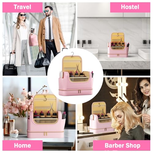 Double Layers Travel Case for Dyson Airwrap Large Capacity PU Leather Shark Flexstyle Case Portable Hanging Storage Bag for Airwrap Styler Attachments, Hook, Dry and Wet Section(Pink) - Image 8