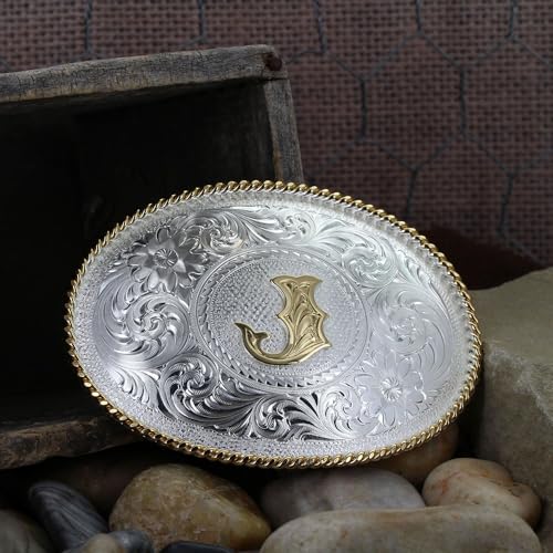 Image of Montana Silversmiths Initial Engraved Gold Trim Western Belt Buckle