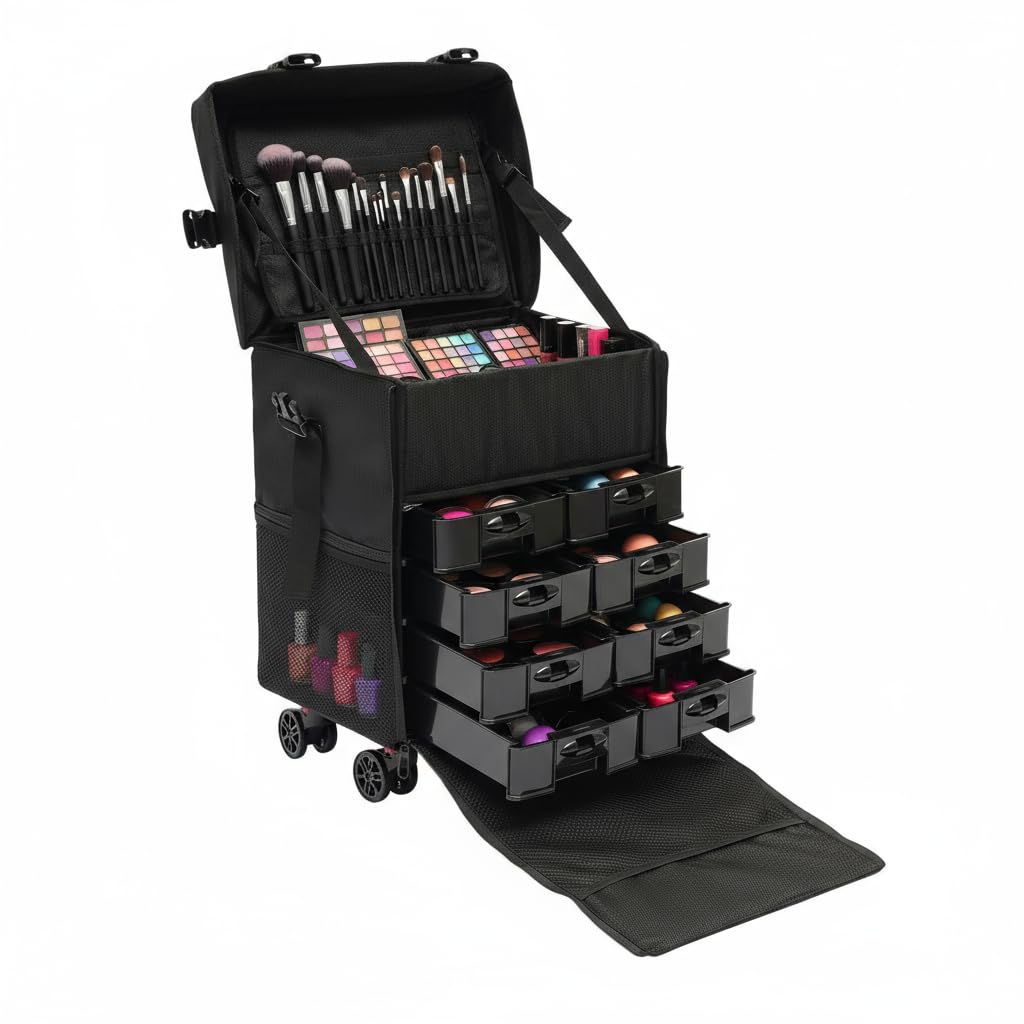 Trolley per Cosmetici Nero Moderno, Organizzatore Beauty Portatile Con 8 Cassetti e Rotelle Mobili Grande Valigetta per Trucchi Make-up e Skincare