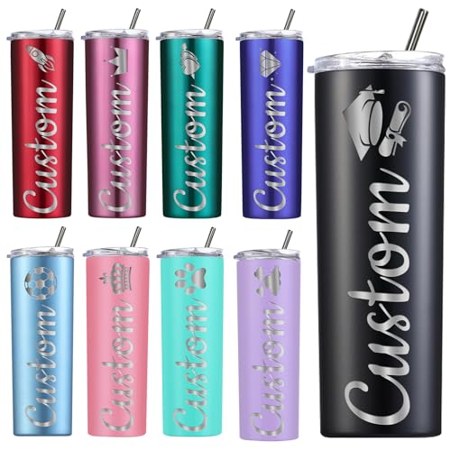 Amlion Vaso personalizado – Grabado con láser con nombre, vasos de acero inoxidable de 20 oz, vasos delgados con tapas y pajitas para regalos para mujeres y hombres – 13 colores y 42 iconos