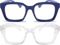 REAVEE 2 Pack Stylish Oprah Oversized Blue Light Blocking Computer Glasses Women Ladies Non-Prescription Fake Eyeglasses Frames &lpar;Blue&sol;Clear&comma;0&period;0&rpar;