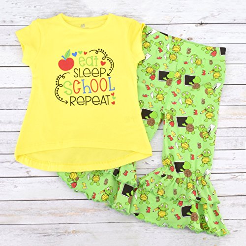 Image of Unique Baby 2 Piece Girls Double Ruffle Leggings Outfit with Short Sleeve Shirt Kid and Toddler Clothes Set