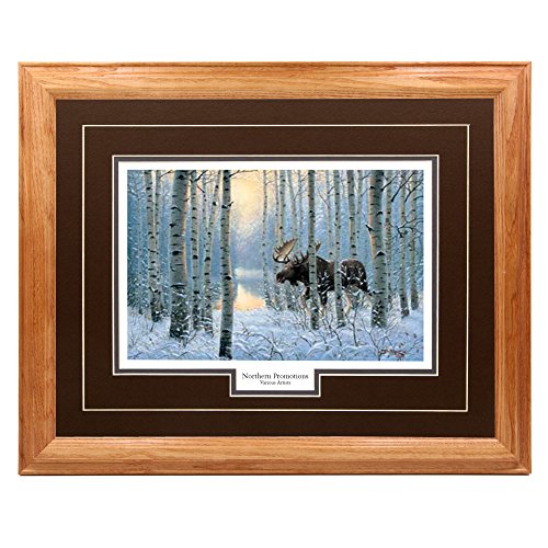 NorthernPromotionsLLC Moose Framed Wall Art Rustic Farmhouse Decor for Sportsman Country Lake House Cabin Lodge Up North - Light Oak Frame, Brown Mat Ready to Hang - On the Move by Derk Henson 17x21