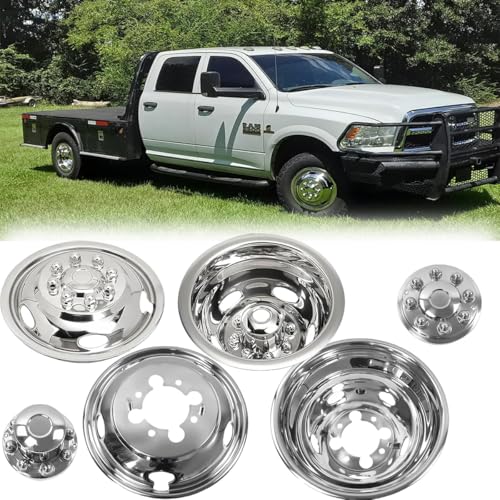 Image of 17 inch Polished Stainless Steel Dually Wheel Simulators fit for 2003-2018 Dodge Ram 3500,4pcs Nice Looking Bolt On Wheel Cover with Removable Centre Cap,8 Lug 5 Hand Hole Hubcap