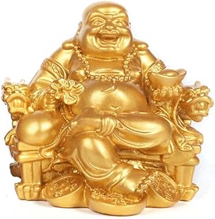 布袋様 置物 布袋さん 七福神 ご利益 金運 縁起 布袋様の置物 龍椅に座っている布袋 布袋像 弥勒菩薩 仏像 金運アップ 風水 グッズ 開運グッズ お守り インテリア お礼 新年 贈り物 (サイズとカラーが選べる 布袋) (S, 金)