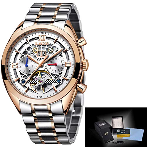 Montre automatique hommes tourbillon étanche en acier inoxydable argent