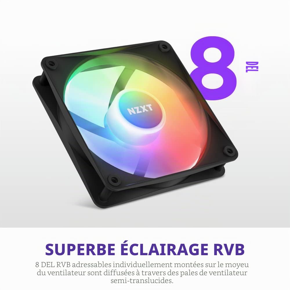 NZXT F120 RGB Core Lot de 3 ventilateurs RVB montés sur hub avec contrôleur RVB 8 LED adressables individuellement Lames semi-translucides Haute pression statique et flux d'air Logiciel FAO Noir