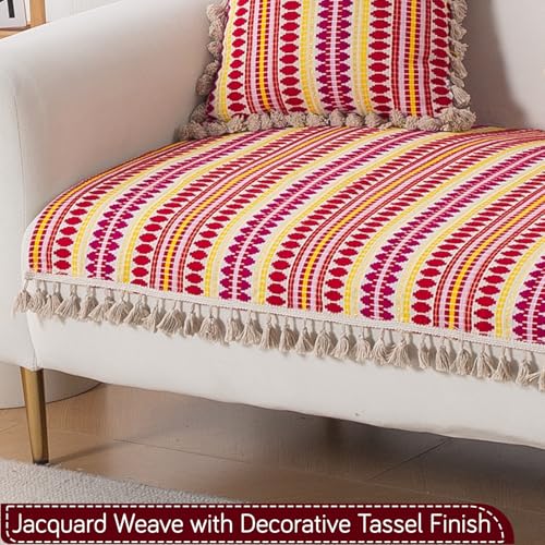 Image of HOKIPO 'Artisan Boho Series' Sofa Cover Mat with Tassel | 450 GSM Cotton Acrylic Jacquard for 3 Seater Sofa, Ruby Red (IN-904-A6*S)