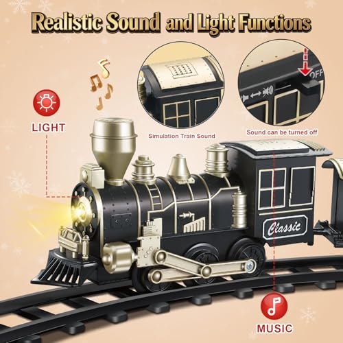 Image of Electric Train Set, Ages 4-8 - Christmas Train with Locomotive, Passenger Car, 6 Curves, LED Light & Sound - Indoor Toy for Kids, for Holiday Village or Train Table