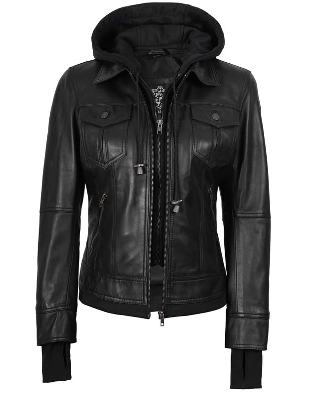 Decrum Hooded Leather Jacket Women - Real Lambskin Womens Leather Jacket with Removable Hood4