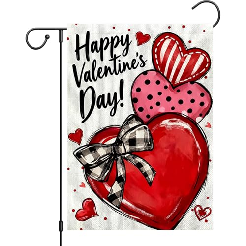 Anytin Valentines Day Garden Flag 12x18 Double Sided Bright Red Heart & Dot Pattern - Romantic Outdoor Decor for Valentines Day Anniversary & Wedding | Patio Yard Porch