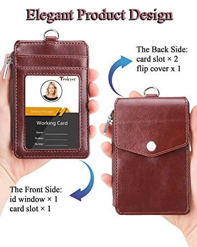 Teskyer Badge Holder with Lanyard, Card Holder with Zipper Pocket, 1 ID Window, Holds up to 4 Cards, PU Leather, Brown - Image 4