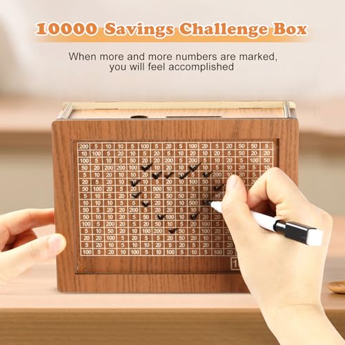 Image of 10000 Savings Challenge Box, Money Saver Box 10k Smash, Wooden Digital Save Piggy Bank for Adults Kids, Cash Vault Wooden Savings 10,000 Dollar, Caja De Ahorros, Cashbox Kakeibo (Pack of 2)