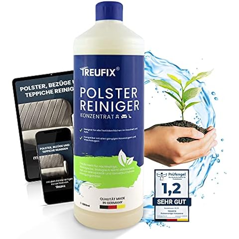 Treufix - Polsterreiniger Konzentrat für Sofa, Couch & Matratzen - Effektives Teppich Reinigungsmittel 1L - Geeignet für Waschsauger, Nasssauger und Handreinigung inkl. E-Book - Made in DE Cover