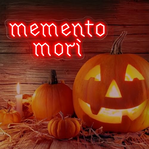 Image of Memento Mori Neon Sign, Red Stoic Wall Art, Gothic LED Light, Creepy Halloween Decor, Gothic Decoration, Satanic Witch Decor, 16.5 inchx6.7 inch