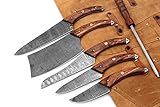 06 Pcs Custom Hand Made Damascus Steel Professional Utility Kitchen knives Set Comes with Sweet Leather Roll Kit (AH-6004-Rosewood)