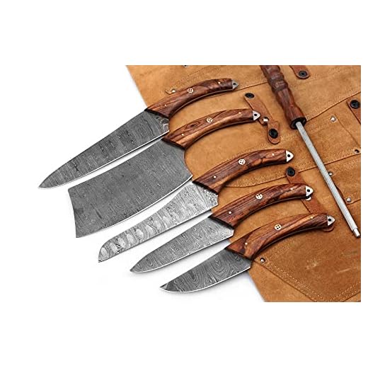 Zombie 06 Pcs Custom Hand Made Damascus Steel Professional Utility Kitchen knives Set Comes with Sweet Leather Roll Kit (AH-6004-Rosewood)