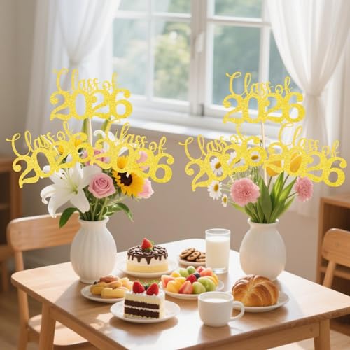 Image of Class of 2026 Decorations - 20 Pcs Gold Graduation Centerpieces for Tables, Double-Sided Gold Graduation Decorations 2026 with Grad Toppers for Bouquets