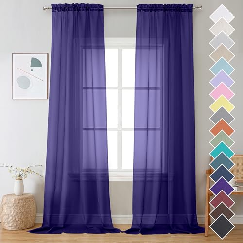 Image of OVZME Purple Sheer Curtains 108 Inches Long, Light Filtering Semi Transparent Lightweight Voile Rod Pocket Window Curtains for Bedroom, Living Room, W42 x L108, Set of 2 Drape Panels