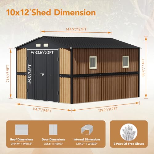 Image of Panovue 10X12 FT Outdoor Steel Storage Shed with Lockable Doors, 2 Windows, Garden Shed Ideal for Backyard, Patio Storage,Chicken Coop(Wood Panels & Frame Floor Not Included)