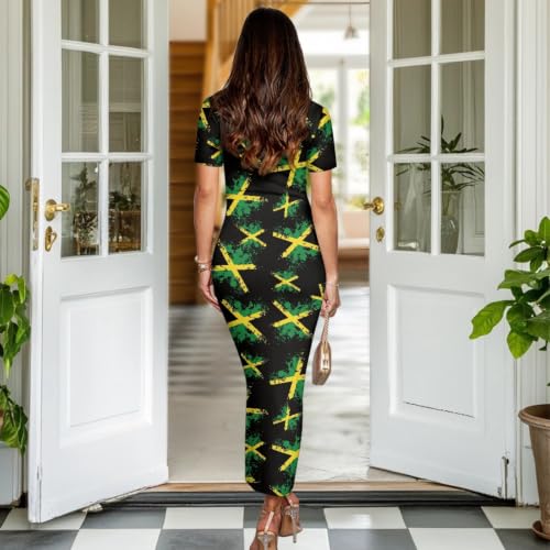 Image of Womens Short Sleeve Jamaican Flag Midi Bodycon Dress | Soft stretchy fabric,crew neck,jamaican print casual date night cocktail party, elegant chic, spring summer fall all season