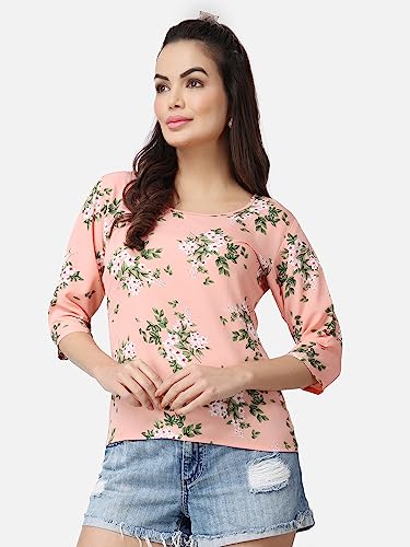 Image of POPWINGS Casual Printed Puff Sleeves Round Neck Top for Women || Stylish Summer Tops for Women || Hip-Length Women Top