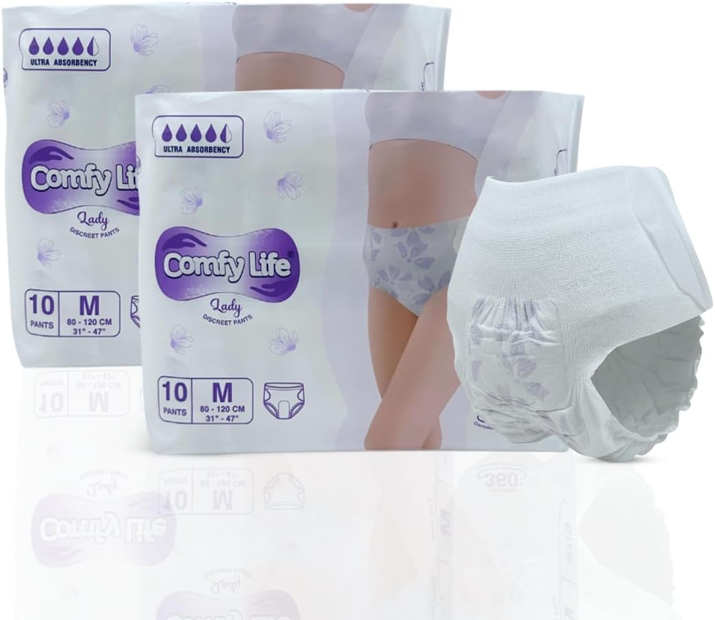 – Comfy Life Lady Pants for Women – Menstrual, Incontinence & Maternity Postpartum Underwear | Adult Nappies with Elastic Waistband, Adjustable Tape, ADL & Tospin Lift – Medium 2 Pack (20 Pcs)