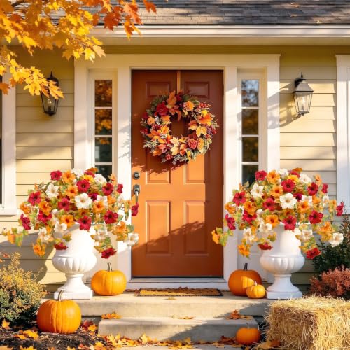 Image of Bassion Artificial Fall Flowers for Outdoors Decoration, 2 Pcs, Orange