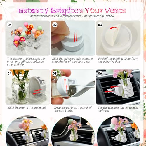Image of CusDusk 4 Pcs Flowers with Ballons Car Vent Clips, Cute Daisy Plants Vase Air Conditioning Outlet Clip with Fragrance Pads, Charm Scent Perfume Automotive Interior Decorations for Women