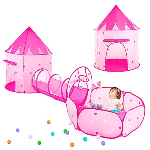 3pc Kids Play Tent for Girls with Ball Pit, Crawl Tunnel, Princess Tents for Toddlers, Baby Space World Playhouse Toys, Boys Indoor& Outdoor Play House, Perfect Kid’s Gifts (3PC Pink Star Play Tent)