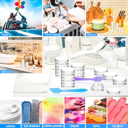 MotBach 100 Pcs 3g Empty Plastic Containers with White Lids,Tiny Makeup Sample Containers, Small Pot Jars Clear Round Cosmetic Jars with 20 Pcs Mini Spatulas for Liquid Sample Powder Creams4