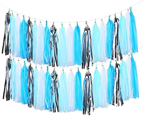 Hippity Hop Tissue Paper Garland pom pom Tassel for Birthday Decoration, Bridal Shower,Anniversary Kids Decoration,Blue Silver and White (20 pcs Pack of 1)