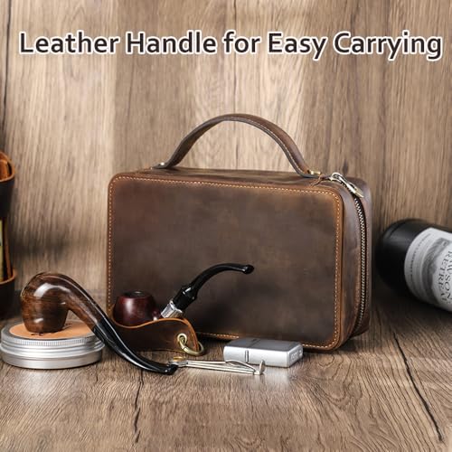 Pipe Tobacco Pouch with Pipe Stand Full Grain Leather Tobacco Pipe Accessories Bag Handmade Travel Organizer for 2 Pipes, Lighter, Cigarette - Image 4
