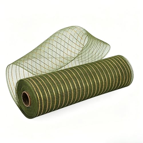 1 Roll Deco Mesh Ribbon 10 inch x 30 feet, Dark Green Metallic Poly Mesh Roll for Holiday Decorating Door Wreath Christmas Tree Gift Wrapping Floral Crafting(Olive Green/Gold foil)