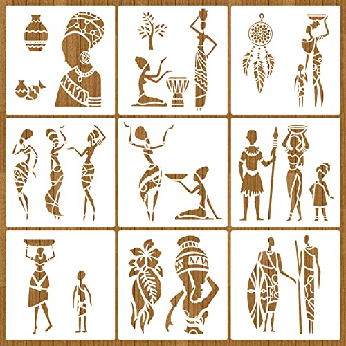 MWOOT 9 peças modelos de pintura, stencil palmilhas tribal africano palmilhas de desenho, reutilizável African Tribal Painting Template para pintar para tecido, fotos de decoração (20 x 20 cm)