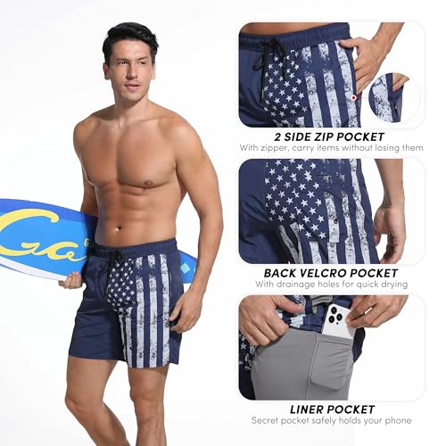 Image of Men's Swim Trunks with Compresssion Liner 7 inch Swimwear Board Shorts 2-in-1 Bathing Suits with Zipper Pockets