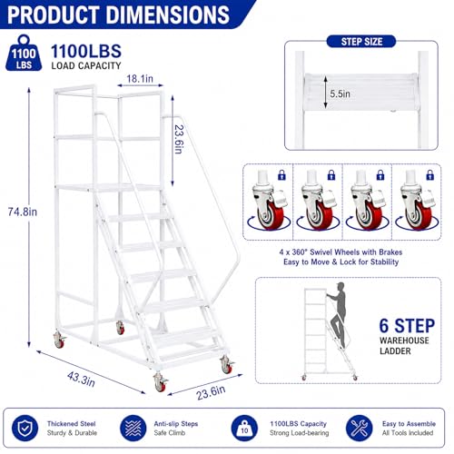 Image of 6-Step Rolling Warehouse Step Ladder, Lockable Wheels, Non-Slip Wide Steps, Dual Handrails, Movable Platform Ladder, Rolling Stairs for Warehouse, Supermarket, Library (White, 6 Steps)