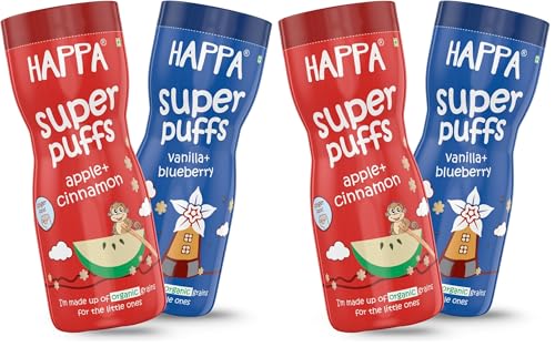 Image of Happa Organic Baby Puffs | Vanilla Blueberry and Apple Cinnamom Flavour | Made with Organic Ingredients | Melt-in-the-Mouth, Supports Self-Feeding & Baby-Led Weaning | No Artificial Flavours or Colours | Stage 2 (8 Months+) | Pack of 4 (40g Each)
