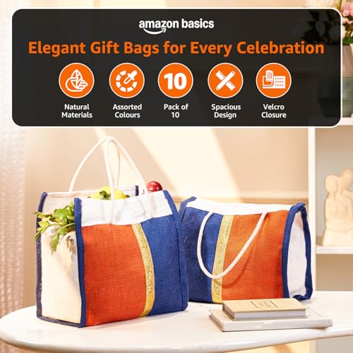 Image of Amazon Brand - Solimo Jute Thamboolam Gift Bag | Pack of 10 | Reusable & Durable | Assorted Colours Blue /Orange /Cream