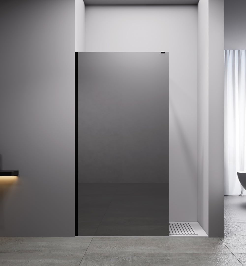 Auria Box Doccia Walk In 90 cm h200 - Cristallo Temperato Fumé 8mm Anticalcare con Profilo e Barra di Sostegno in Alluminio Nero Opaco ad Installazione Reversibile - Mod. Cleò