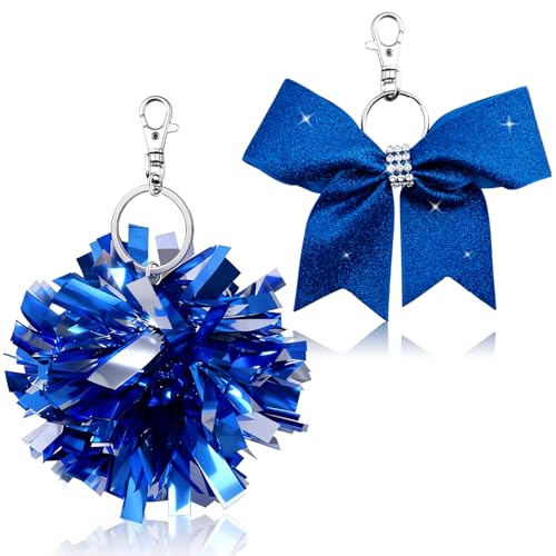 Yoxiumi Cheerleader Gifts for Girls Cheerleading Gifts for Women Cheer Gift for Girls Cheer Team Gift Blue Bow Keychain Cheerleading Pom Pom Keychain Cheerleader Coach Accessories Bow Bag Charm 2 pcs
