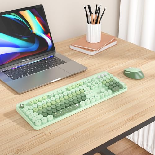 Image of GTSP Typewriter Colorful Green Wireless Keyboard and Mouse Combo, 2.4GHz Full-Size Retro Cute Office Computer Keyboard with Round Keycaps for Desktop Laptop and PC (Colorful Green)